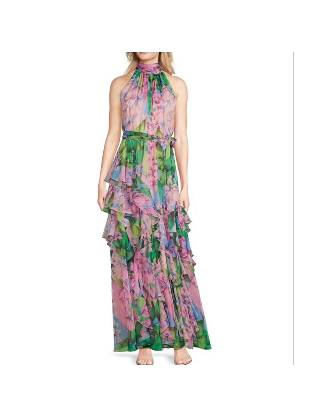 Alex Marie Pink and Green Floral Halter Ruffle Maxi Dress